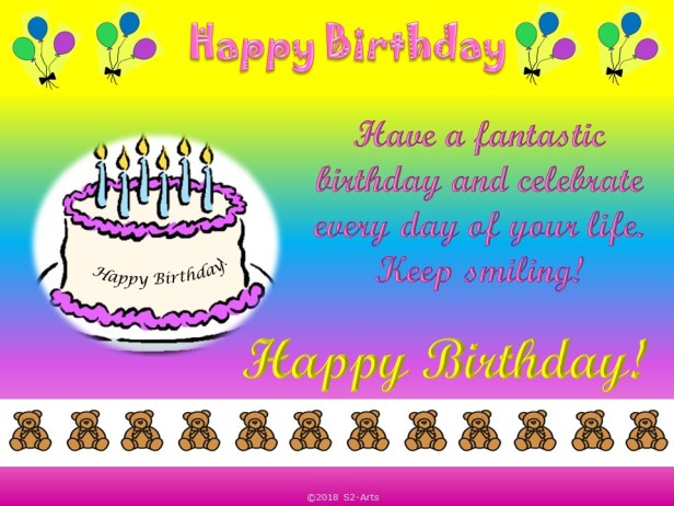 Image of Birthday Card Rainbow Background with White Cake and Brown Bear Boarder