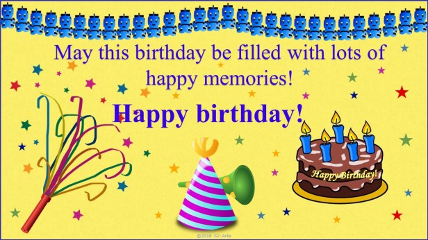 Image of Birthday Card with Robot Banner, Noise Makers and Chocolate Cake