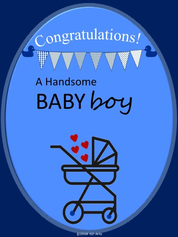 Image of Congratulations Card with Blue Background, Pram and Baby Boy