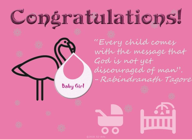 Image of Congratulations Card with Stork Bringing Baby Girl