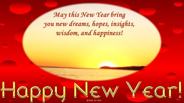 Image of New Year Card with Red Background and Sunset